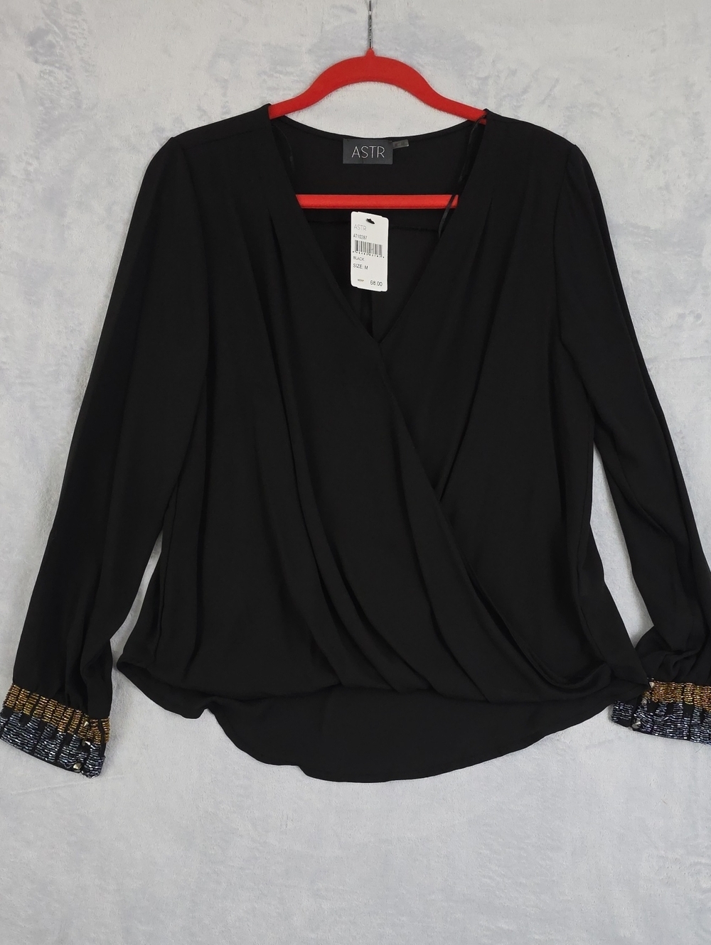 ASTR Black Long-Sleeve Drape Blouse Beaded Cuffs